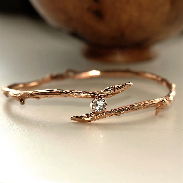 White Topaz & Rose Gold Twig Branch Designer Bangle