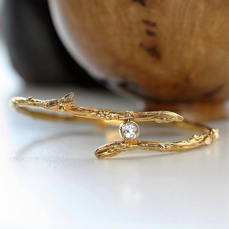 Gold White Topaz Twig Branch Unusual Designer Bangle