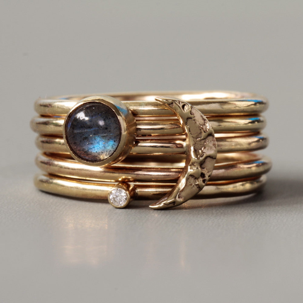 Contemporary Labradorite, Moon and diamond Stacking Ring Set