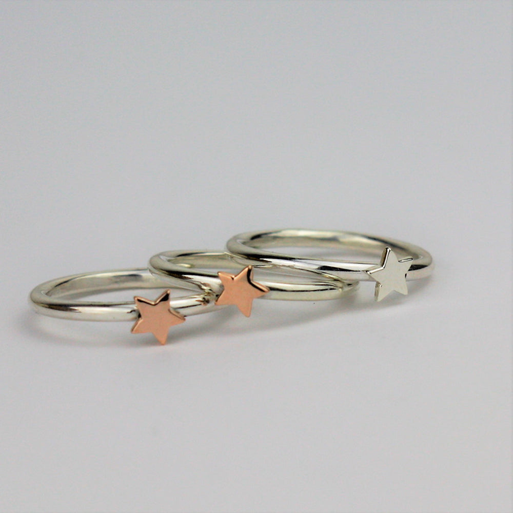 Rose gold star ring , yellow gold star ring and silver star ring