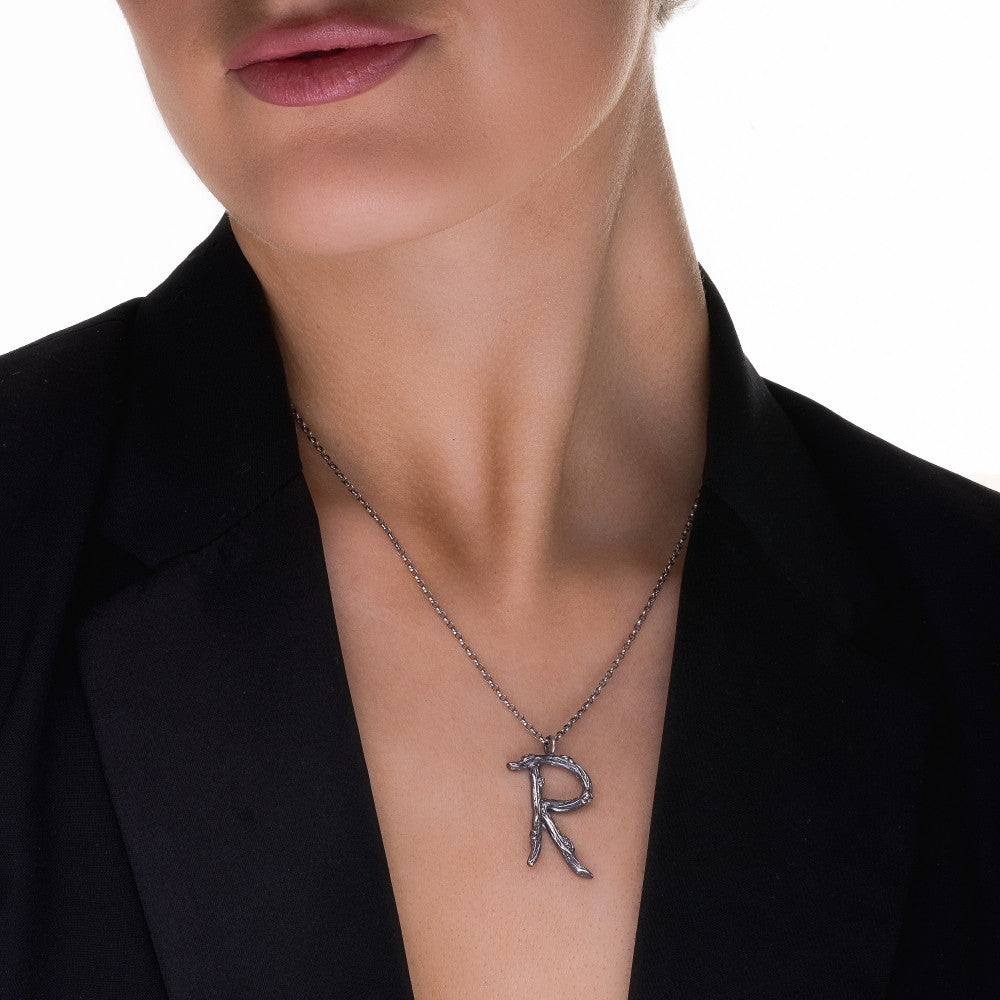 Large silver twig initial handmade designer necklace