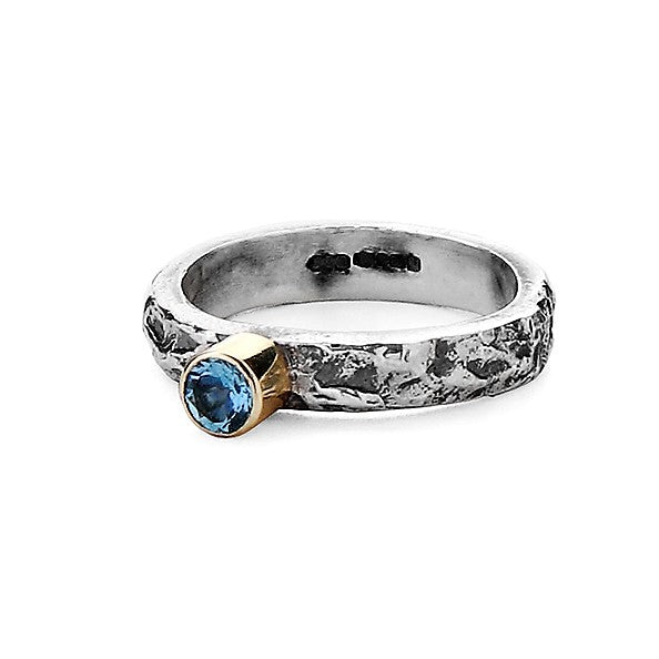 March Birthstone Aquamarine silver and gold Textured Ring 