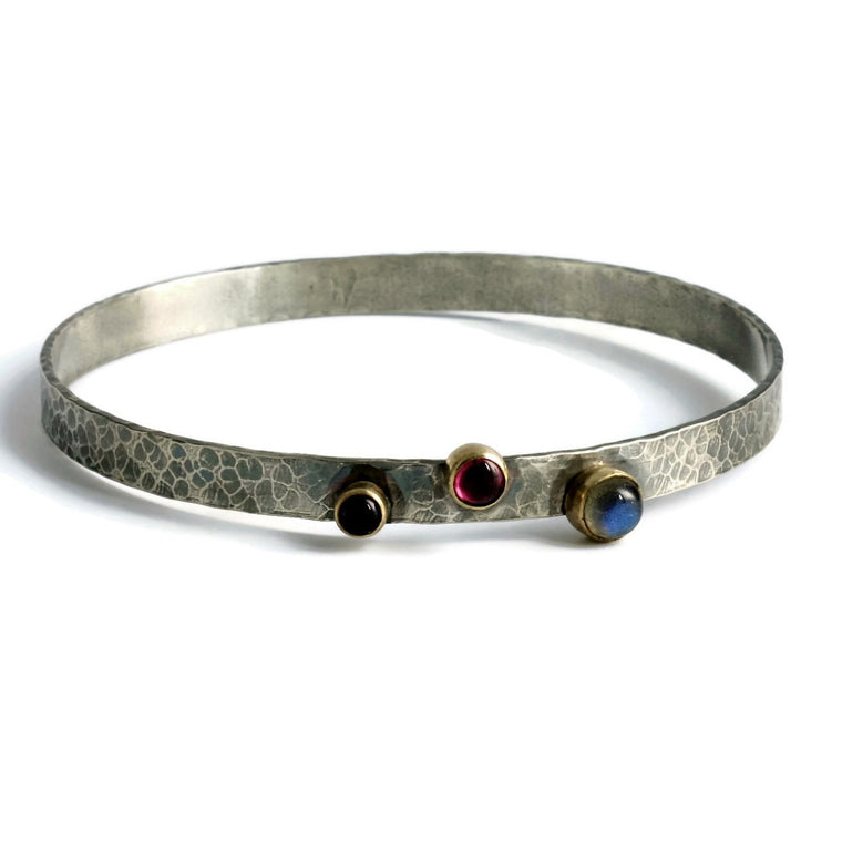 blossom hammered labradorite, amethyst and pink tourmaline silver and gold rustic bangle