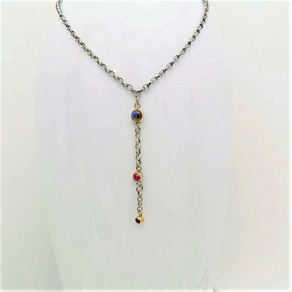 Silver and gold handmade Labradorite, Pink Tourmaline and Amethyst Blossom Y necklace