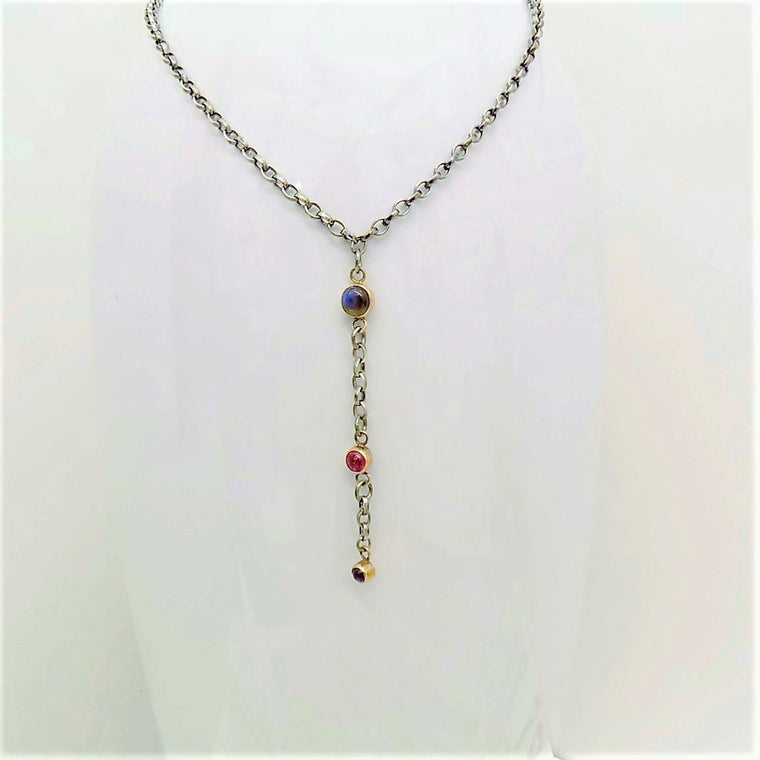Silver and gold handmade Labradorite, Pink Tourmaline and Amethyst Blossom Y necklace