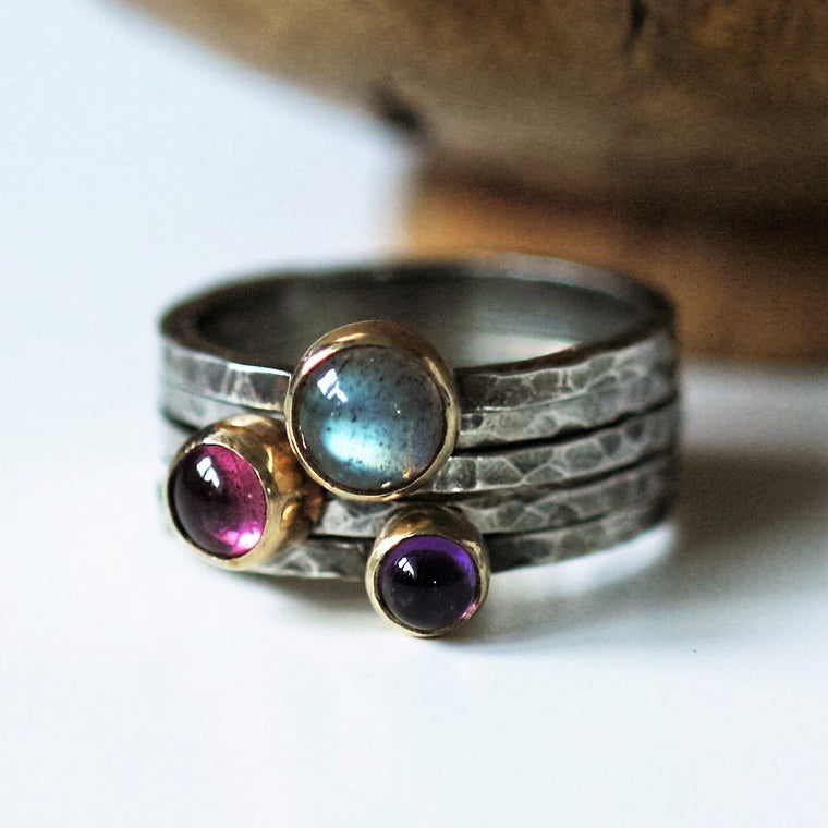 handmade silver and gold mixed metals labradorite, pink tourmaline and amethyst stacking ring