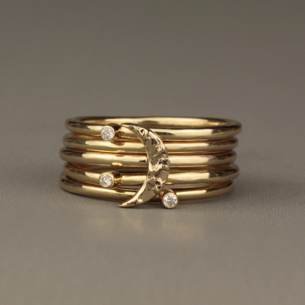 luxury gold textured moon and diamond star stacking rings