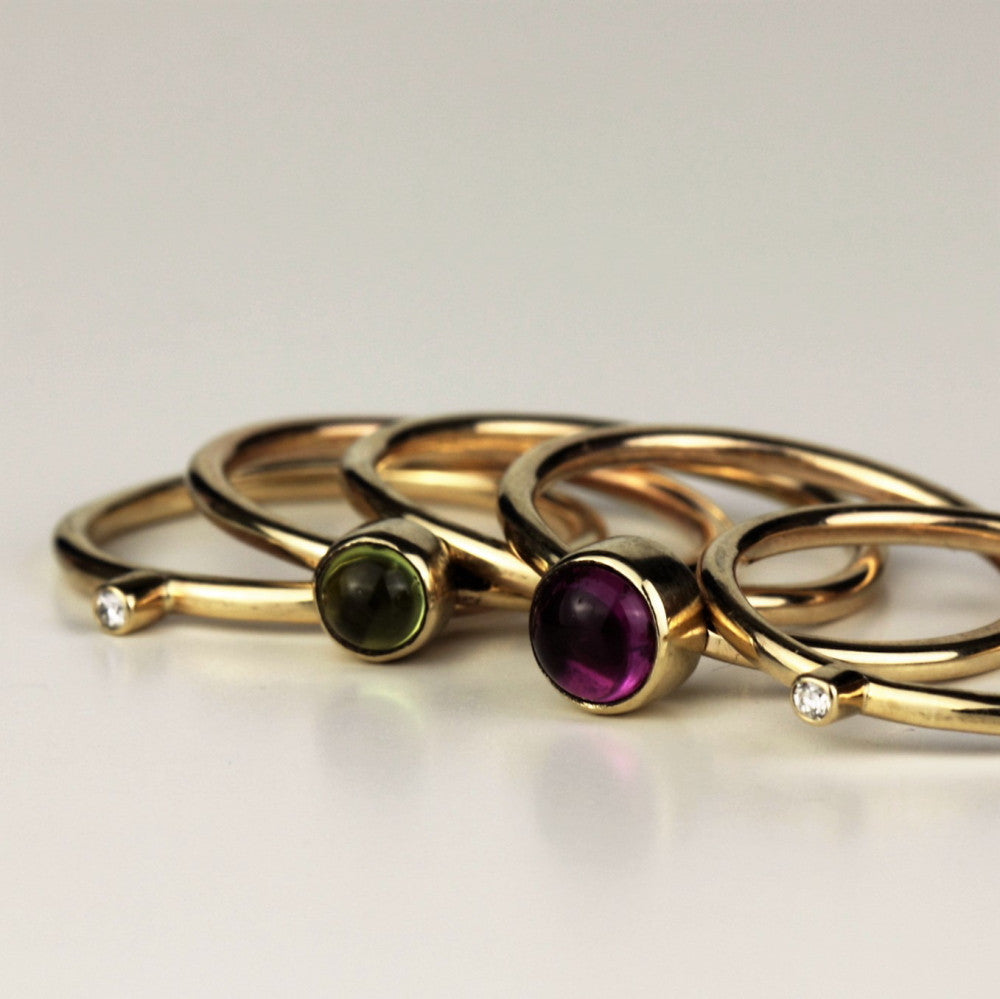 unusual 9ct gold peridot tourmaline and diamond wild flower stacking ring