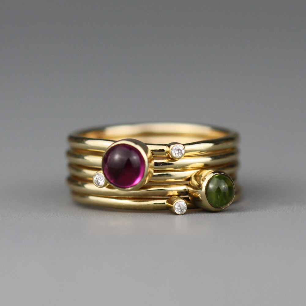 9ct gold wild flower gemstone and diamond stacking ring featuring peridot and tourmaline gemstone