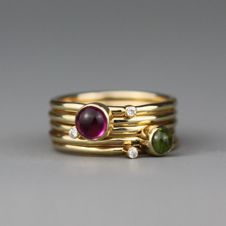 9ct gold wild flower gemstone and diamond stacking ring featuring peridot and tourmaline gemstone