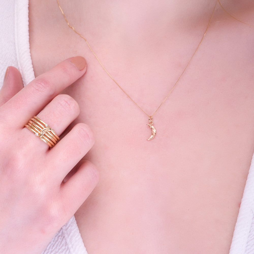 Solid Gold Textured Moon & Diamond Stacking Rings