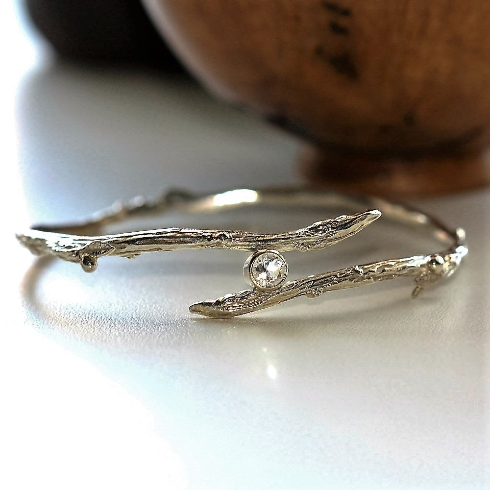 Deep textured sterling silver white topaz handmade bangle