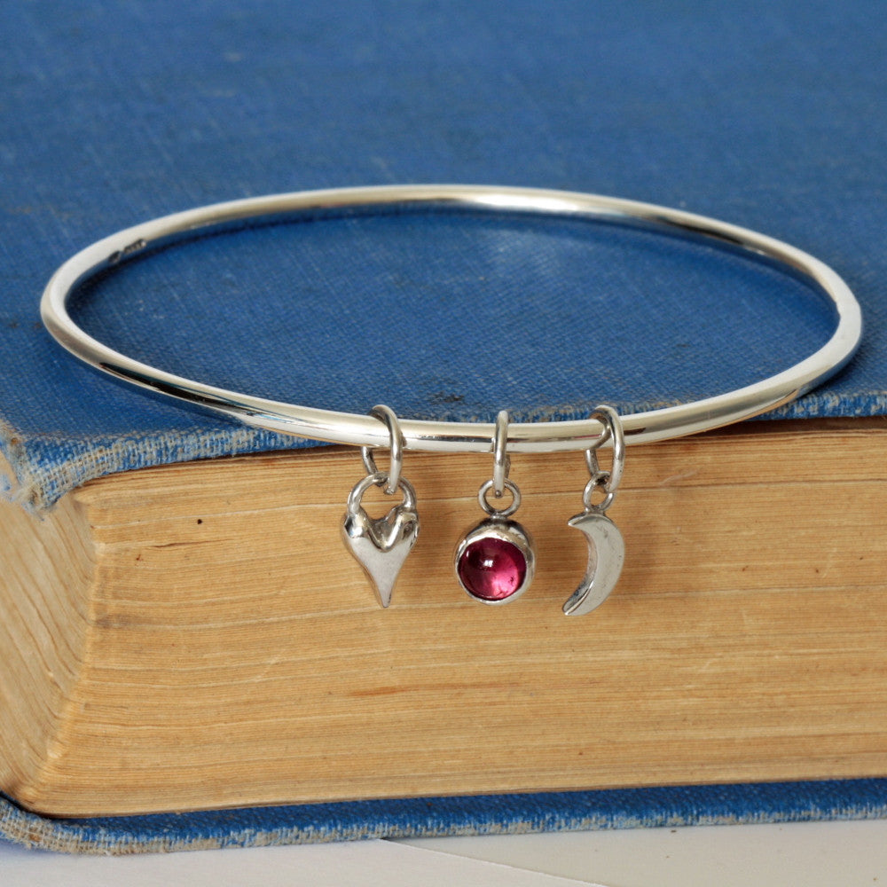 pink tourmaline silver heart, moon and star charm bangle