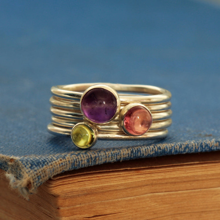 Wildflower multi gemstone silver handmade stacking ring