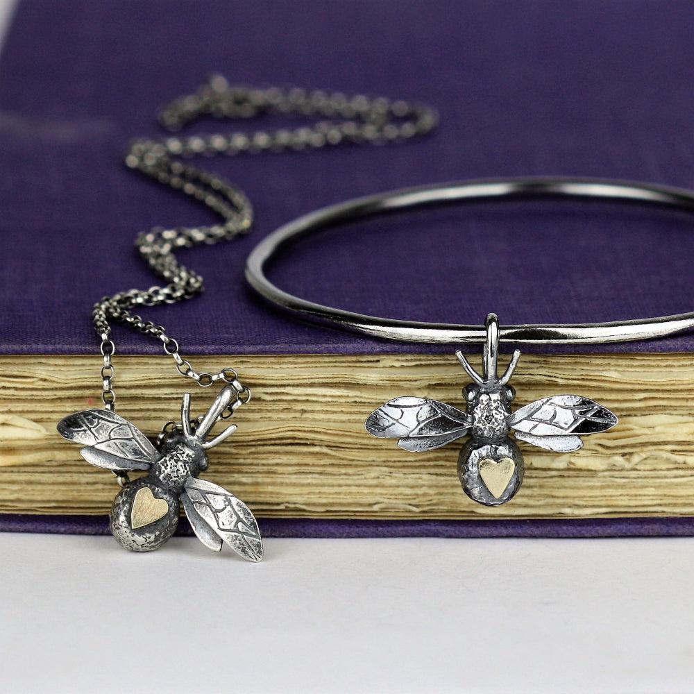 oxidized bee and gold heart handmade jewellery