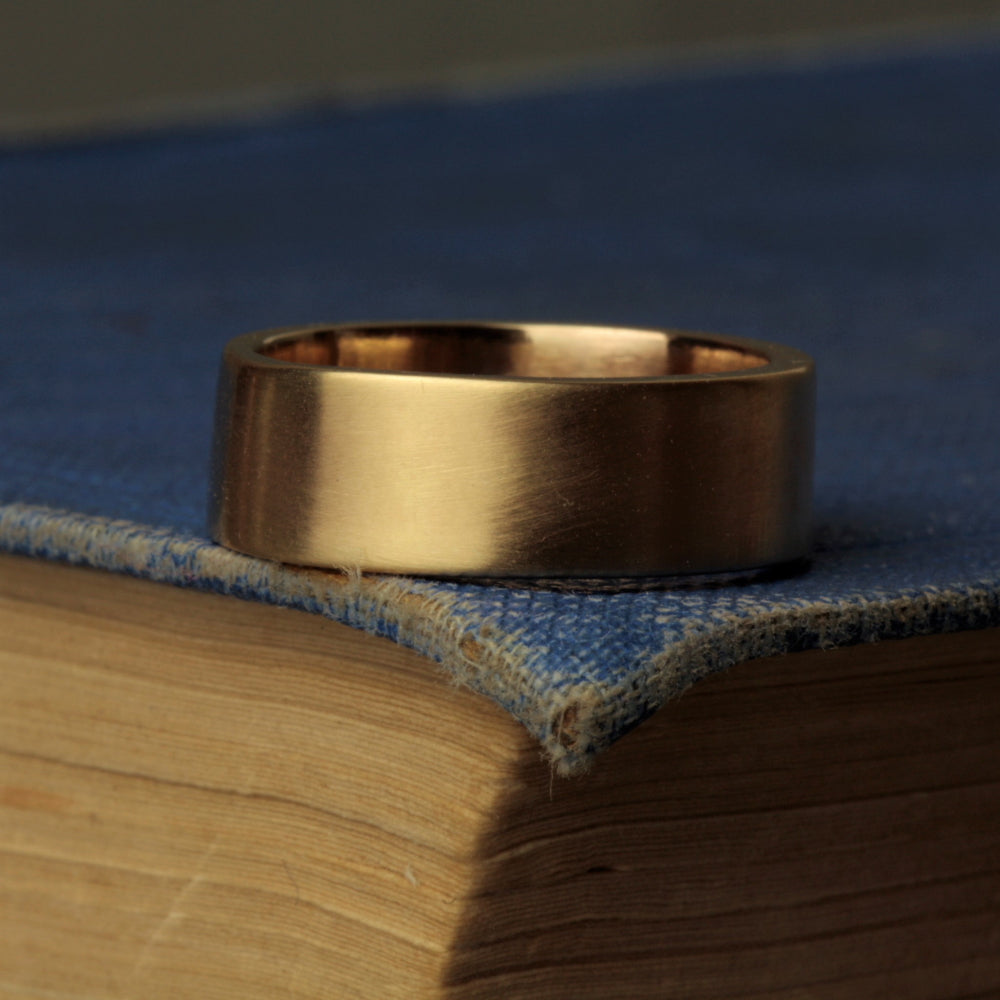handmade 8mm wide brushed matt finish gold wedding band