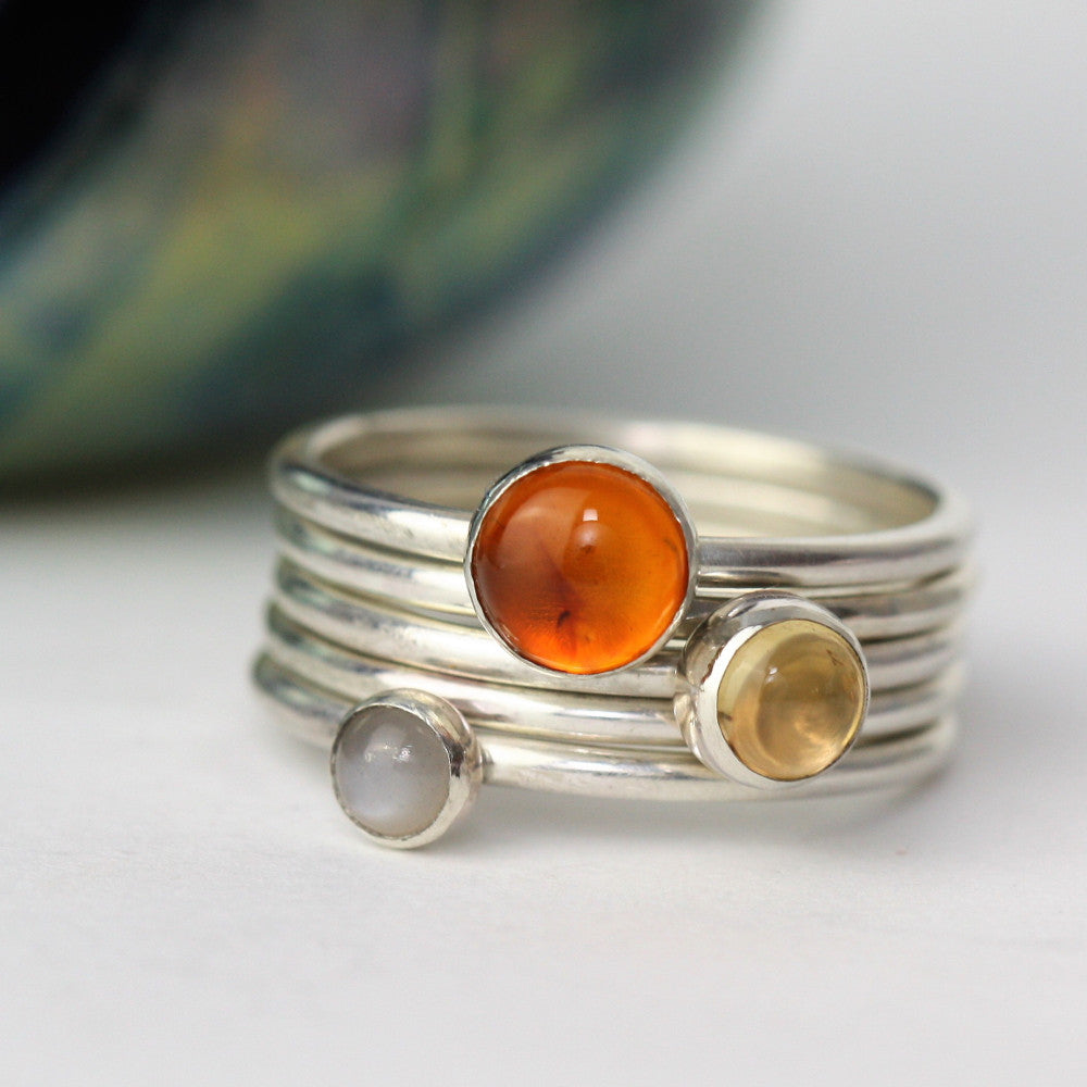 Grey Moonstone, Amber and Citrine Silver Sunrise Ring Set