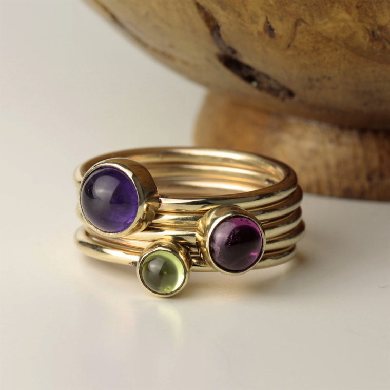 Solid 9ct gold gemstone stacking ring set