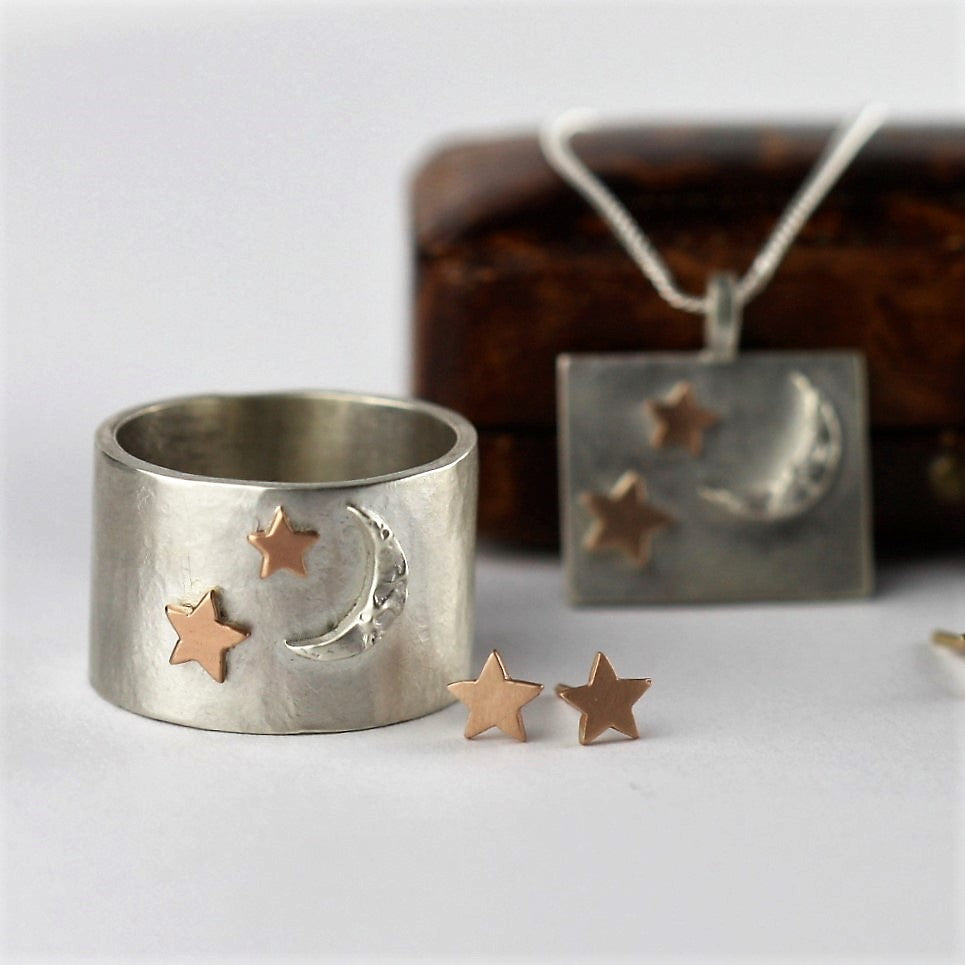 solid gold and handmade sterling silver moon ring