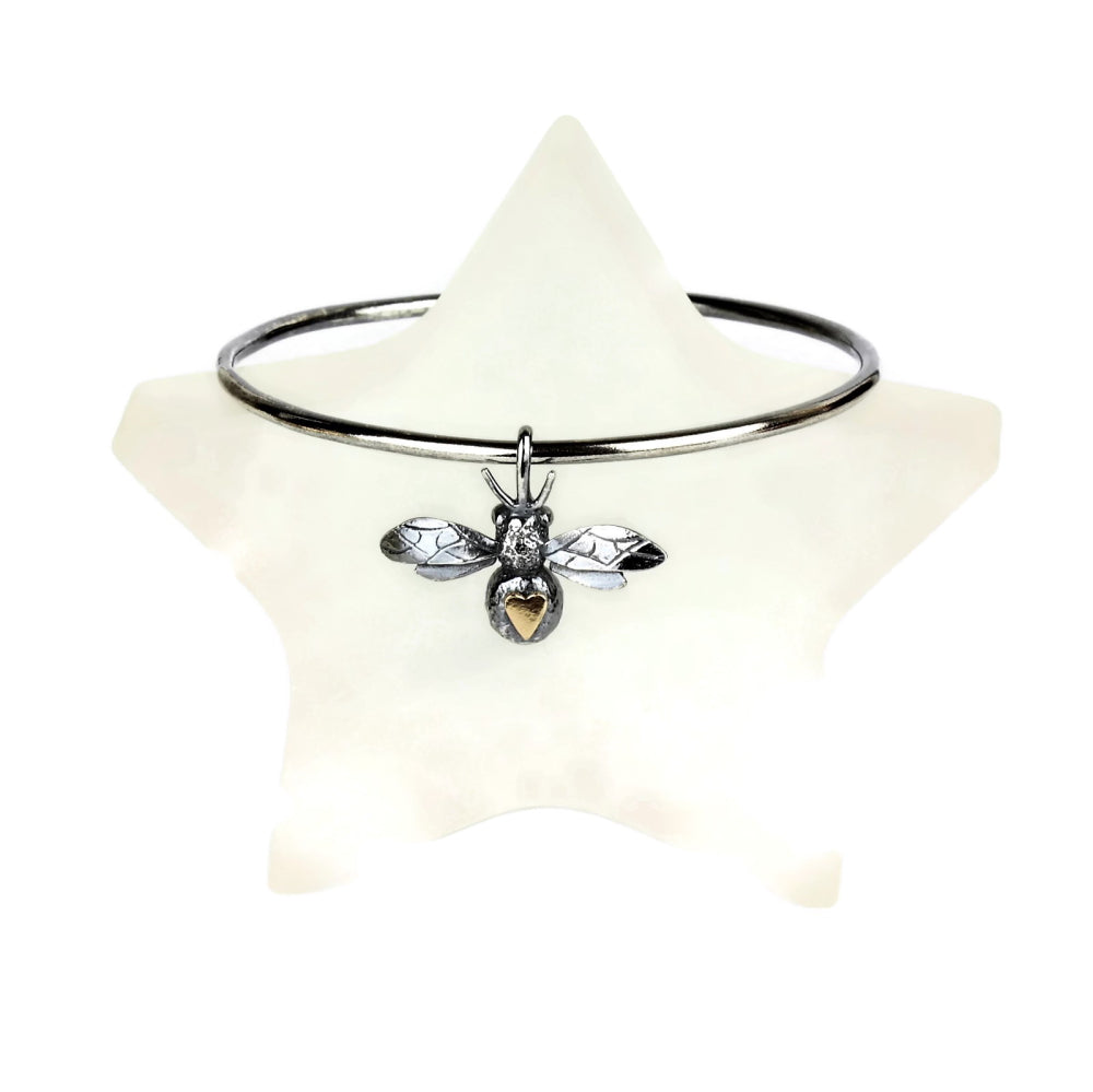 handmade solid gold heart and silver oxidized bee bangle