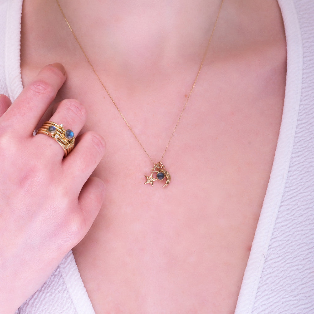 Gold universe charm necklace and solid gold moon and diamond ring