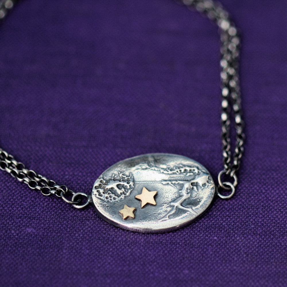 handmade unusual etched fairy with hand cut solid gold stars silver bracelet