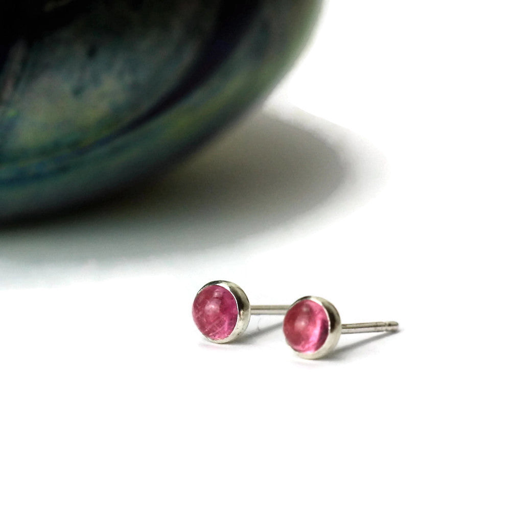 4 mm pink Tourmaline silver dainty gypsy studs