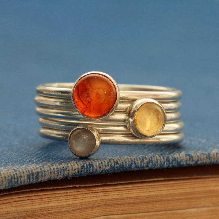 Grey Moonstone, Amber and Citrine Gemstone Ring Set