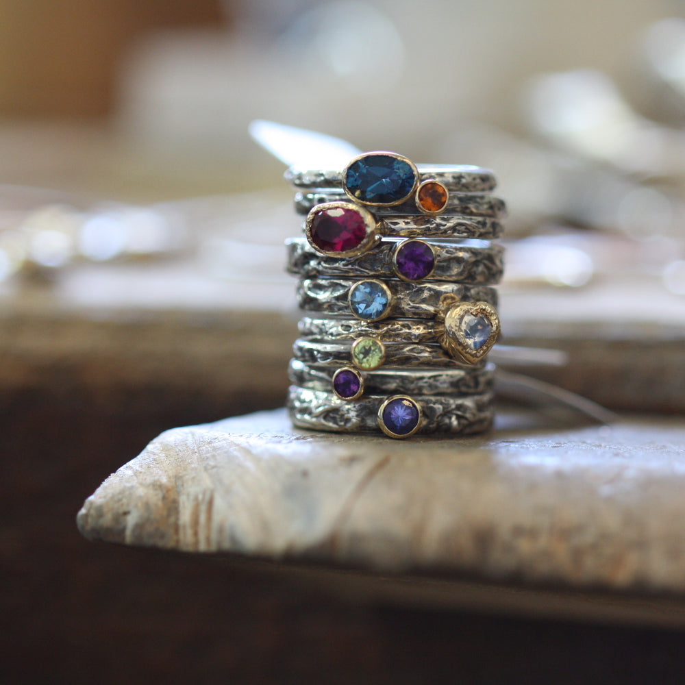 Blue Topaz, Pink Tourmaline, Amethyst, Moonstone Heart Rings