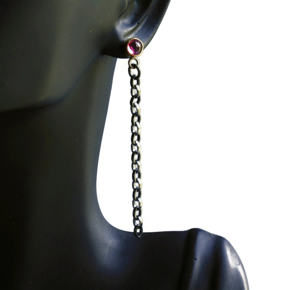 Pink Tourmaline silver and gold handmade unusual chain stud earrings
