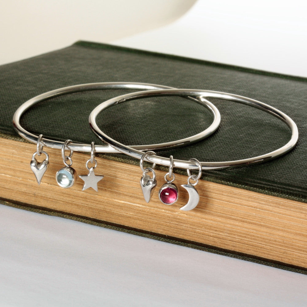 handmade moon, star, heart and birthstone silver bangle