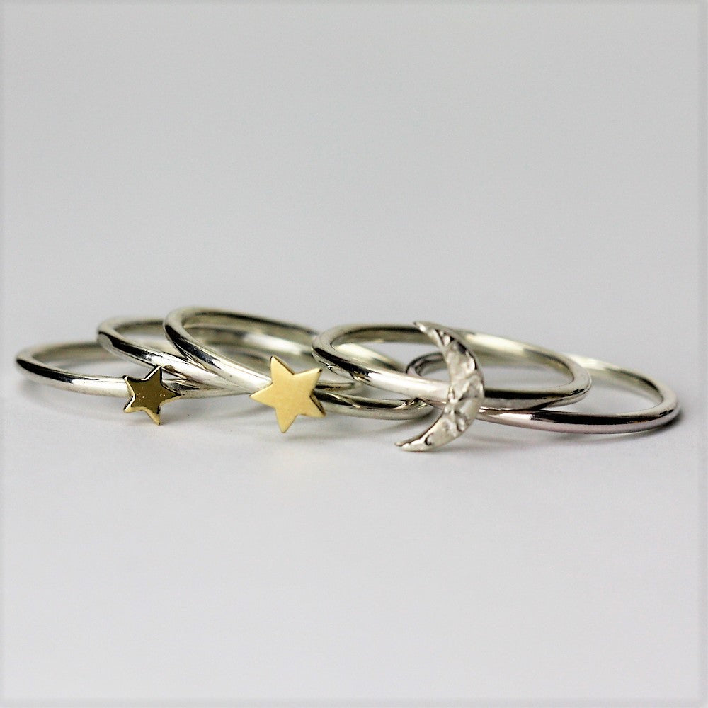 Moon and 9ct Gold stacking ring set 