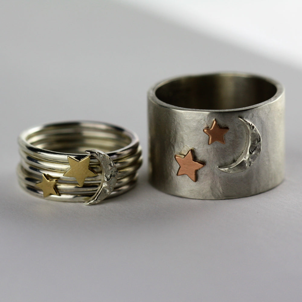 moon and star stacking ring and wide luna ring