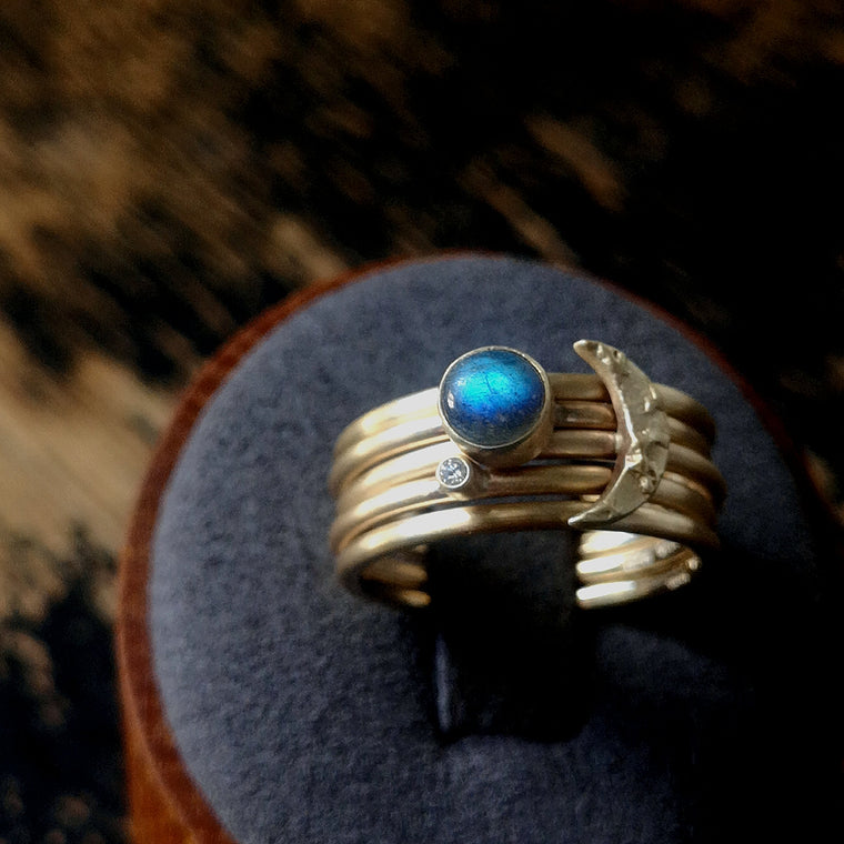 Labradorite and diamond stacking Moon ring set