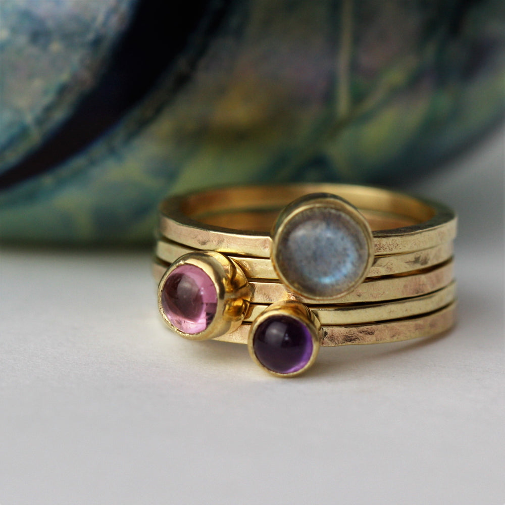 9ct Gold Labradorite, pink tourmaline and amethyst gold stacking ring 