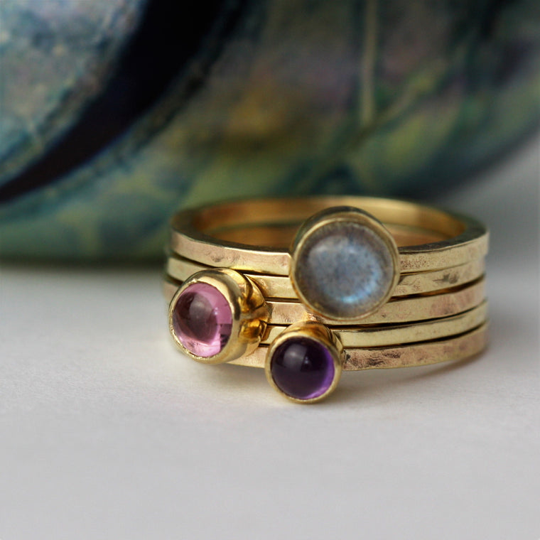 9ct Gold Labradorite, pink tourmaline and amethyst gold stacking ring 