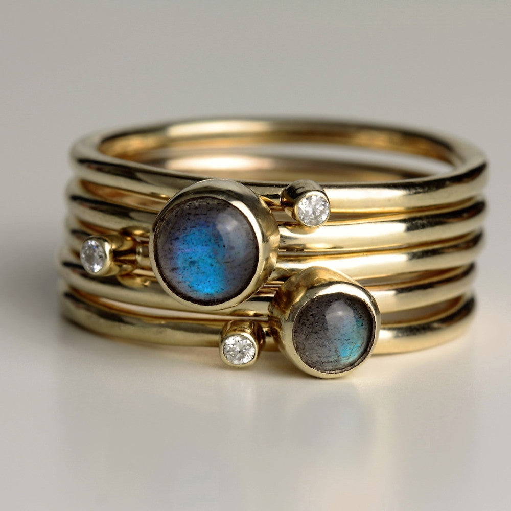 luxury diamond and magical labradorite handmade 9ct gold stacking rings