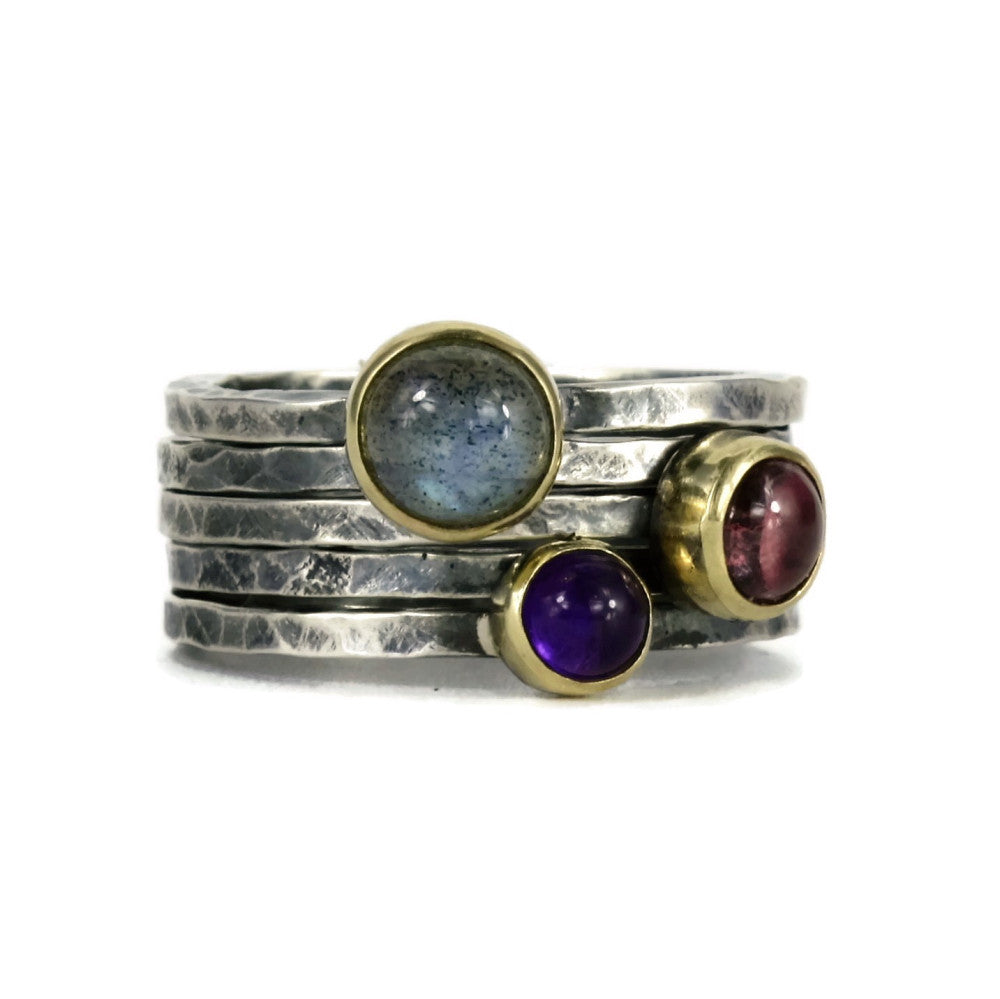labradorite silver and gold mixed metal amethyst & tourmaline stacking rings