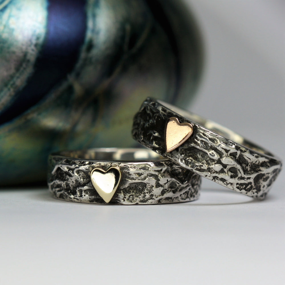 rose or yellow gold 9ct heart on a wide silver treasure ring