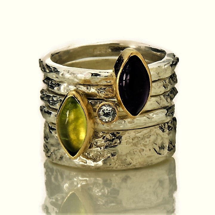 handmade onyx peridot and diamond textured treasure silver and gold rings