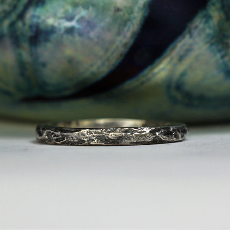 Slim textured sterling silver wedding band 