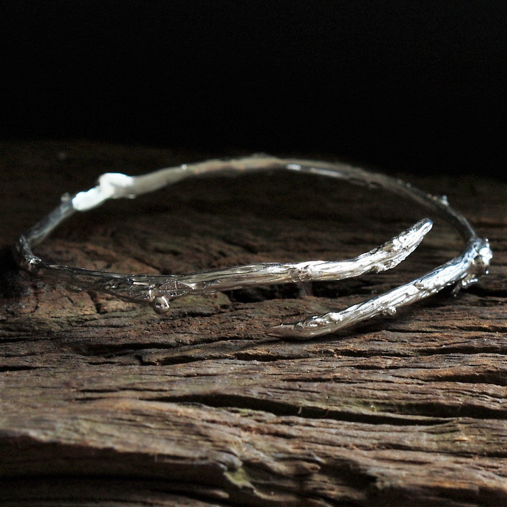 designer handmade deep textured twig branch silver bangle