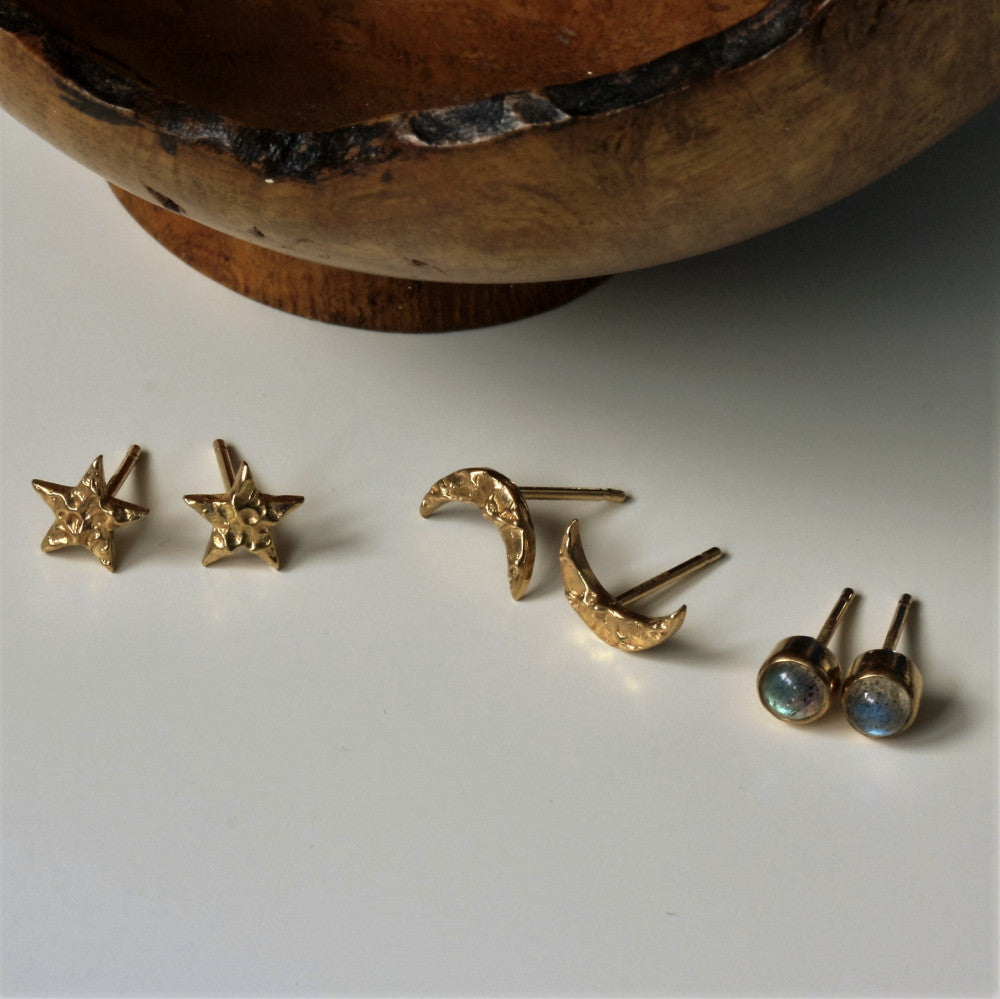 designer gold universe star, moon and magical labradorite studs