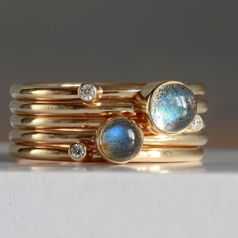 universe rose gold galaxy diamond and labradorite stacking rings