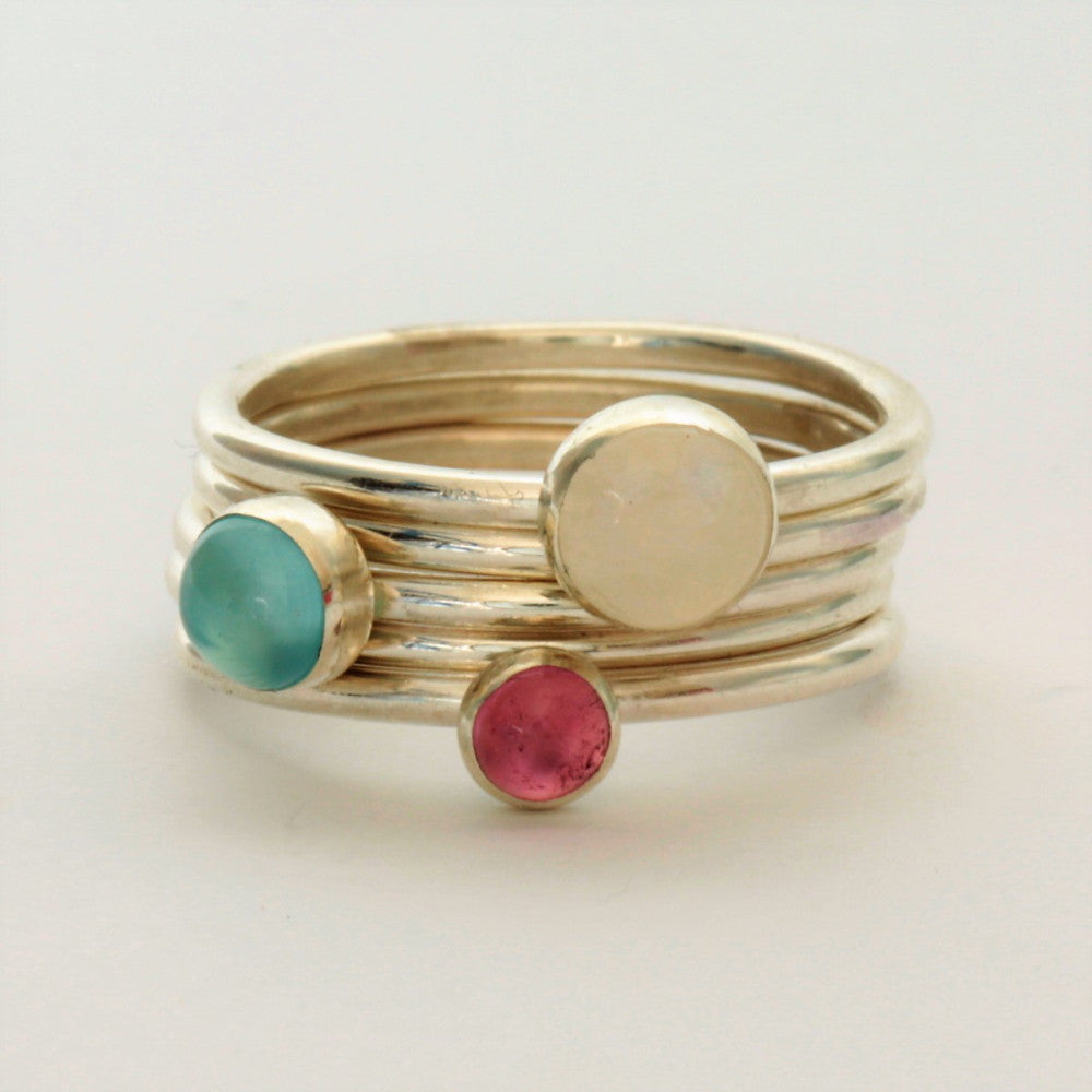 Pink Tourmaline, Moonstone Silver Stacking Rings